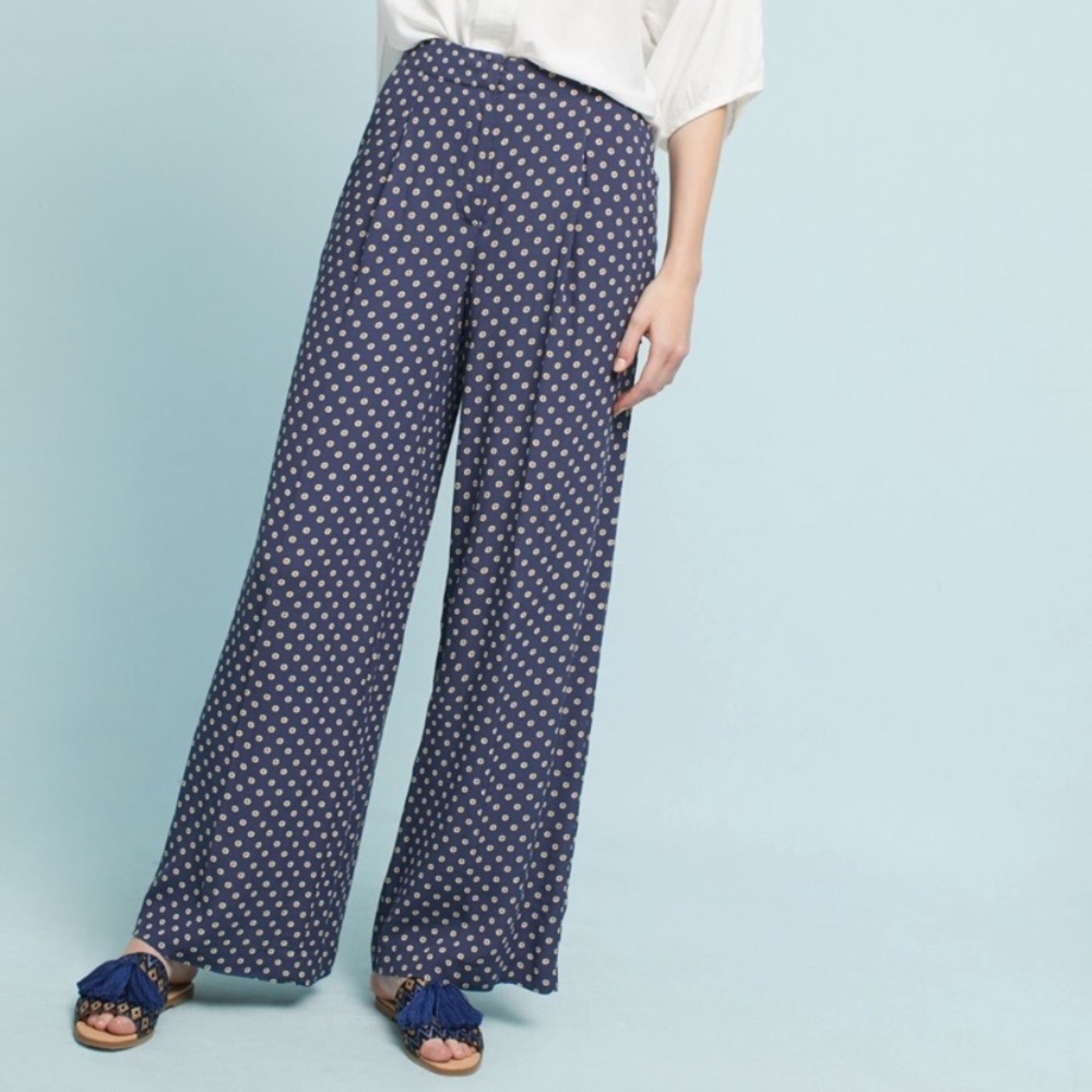 Anthropologie Navy Blue Polka Dot Wide-Leg Pants